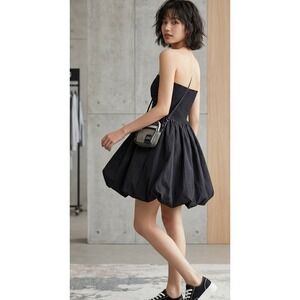 H&M Divided Womens XS Black Strapless Bubble Hem Mini Dress Smocked Back Tech